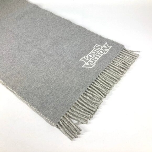 LOUIS VUITTON fringe Scarf -LV Dove logo Scarf wool / Cashmere gray/White - Picture 7 of 9